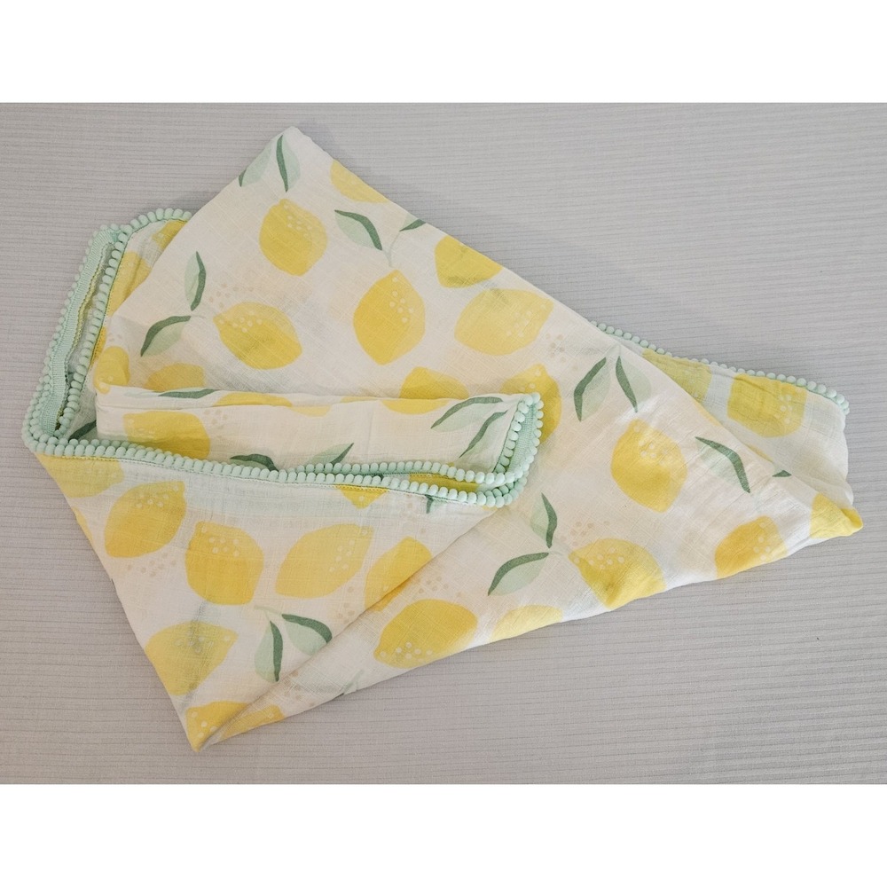 Cloud Island Cotton‎ Swaddling Baby Blanket Lemons Leaves Pom Pom Trim